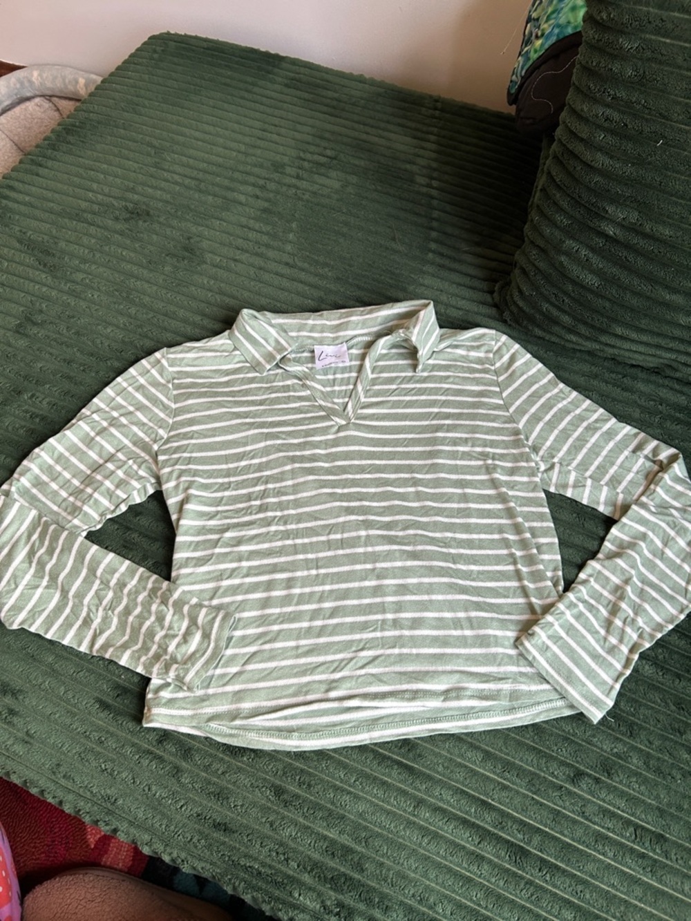 Long-Sleeve Striped Polo Top - Light Green & White